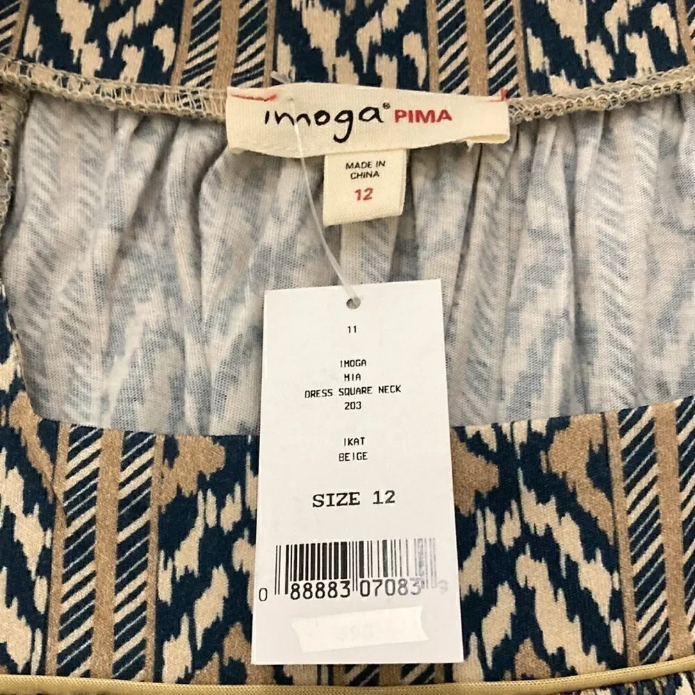Imoga Pima NWT Organic Cotton Midi Shift Dress in Tan/Navy Ikat Print. Size 12.